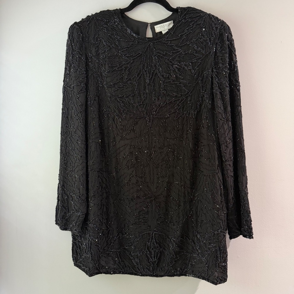 Vintage 90s Valerie Stevens Silk Beaded Blouse 16W Black Evening Floral Top